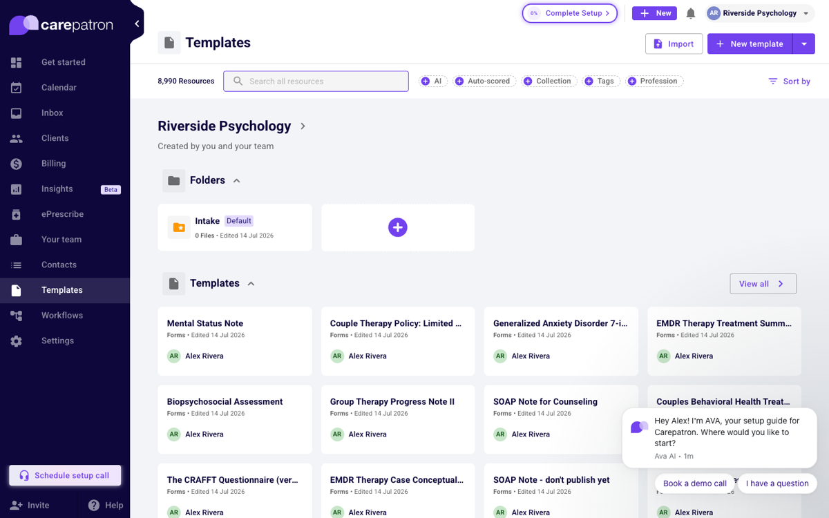 Templates page on first visit showing 8,990 resources and a wall of seeded template cards