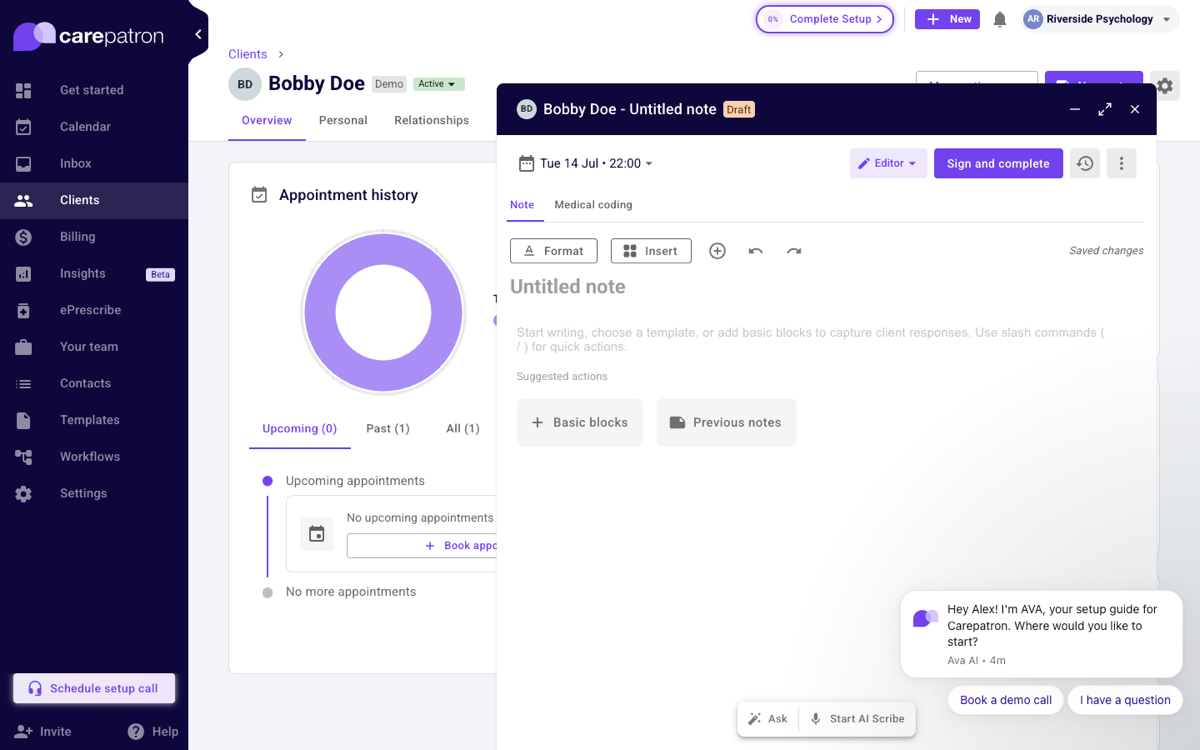 New note modal showing suggested actions without any template option